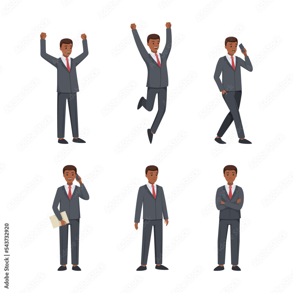 African american businessman in suit standing in different poses and gesturing set. Man standing with folded hands, talking on phone and celebrating success vector illustration African american businessman in suit standing in different poses and gesturing set. Man standing with folded hands, talking on phone and celebrating success vector illustration