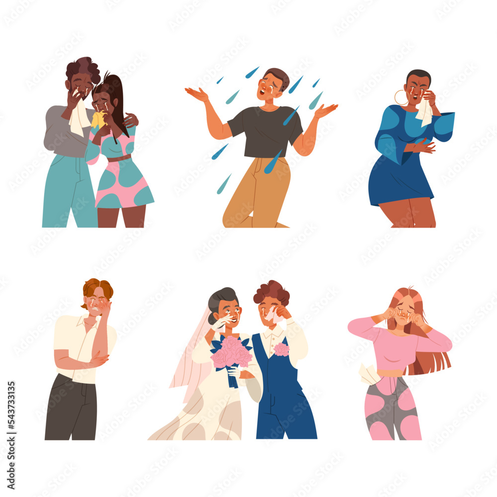 Set of upset people crying and sobbing from sorrow and grief. Diverse people expressing emotions vector illustration