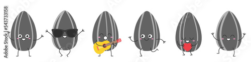 Set sunflower seeds cute character cartoon greeting jumping sings love running smiling face cheerful kawaii joy happy emotions icon vector illustration.