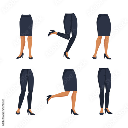 Woman character constructor. Legs, lower body part in trousers and skirt for girl creation cartoon vector illustration