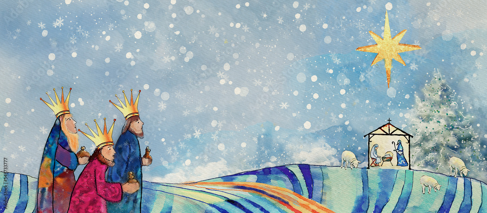 Background with nativity scene and three wise men. Watercolor christian