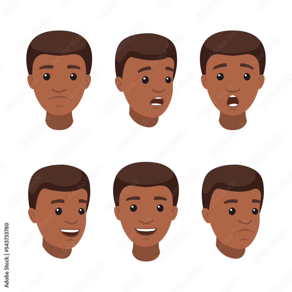 Set of various male emotional faces. African American man with different facial expressions. Young man character creation vector illustration Set of various male emotional faces. African American man with different facial expressions. Young man character creation vector illustration