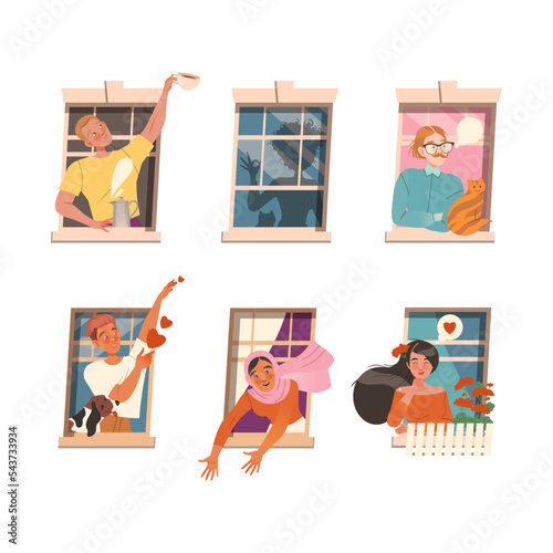Cheerful looking out of windows set. Happy neighbourhoods characters drinking coffee, talking, helping each other through open windows. Stay at home concept vector illustration