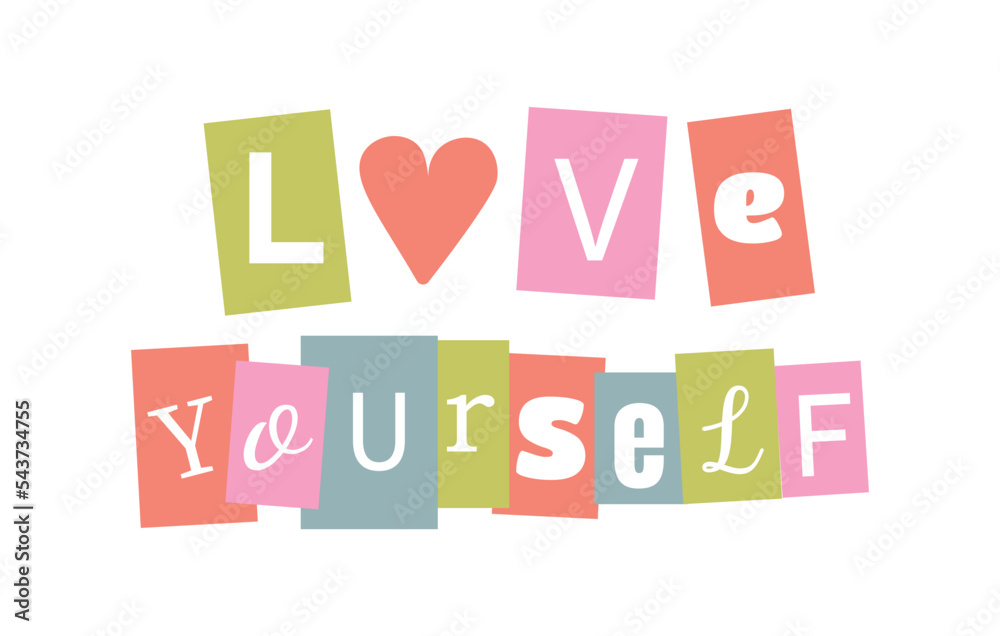 Self Love. Cute pastel typography, paper cut different letters. Magazine cutouts vector lettering. Trendy y2k print design. Self Love. Cute pastel typography, paper cut different letters. Magazine cutouts vector lettering. Trendy y2k print design.