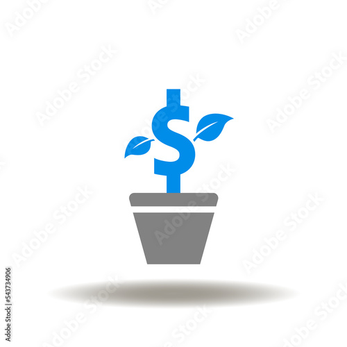 Vector illustration of pot with dollar currency grow or plant. Icon of financial investment technology. Symbol of money investing.