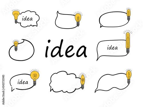 A set of conversational bubbles with wishes and a light bulb. Hand-drawn elements of a good idea and a successful business. Vector illustration.