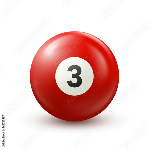 Billiard, red pool ball with number 3 Snooker or lottery ball on white background Vector illustration