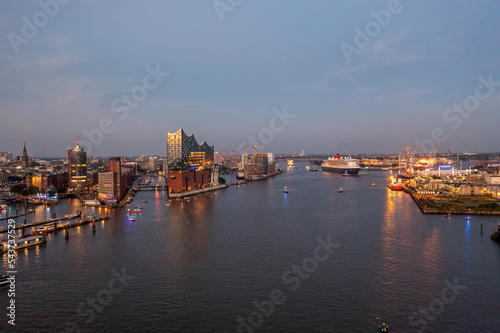 Panorama of the harbor from hamburg with a cruise ship © gerckens.photo