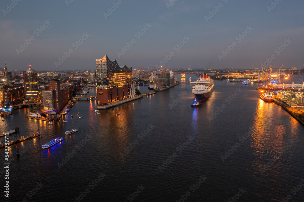 Panorama of the harbor from hamburg with a cruise ship