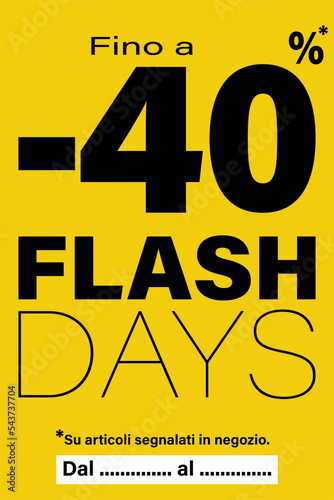 card o banner per i giorni flash fino all'40% di sconto sugli articoli contrassegnati in negozio in nero su sfondo giallo photo