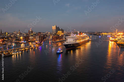 Panorama of the harbor from hamburg with a cruise ship