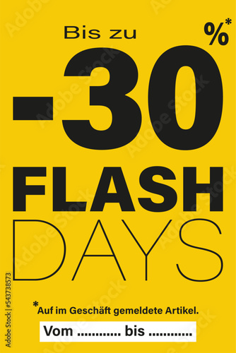 Karte oder Banner für Flash Days bis zu 30 % Rabatt auf Artikel, die im Geschäft schwarz auf gelbem Hintergrund gekennzeichnet sind,