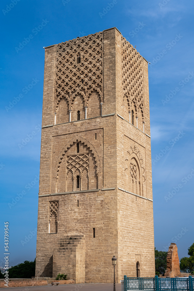 People visiting the Hassan Tower and the columns in Rabat, Morocco