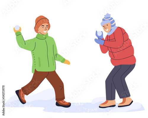 Smiling boys at snowball fight. Kids having fun, making, sculpting and throwing snow balls, playing wintertime game on winter holidays. Flat vector illustration isolated on white background