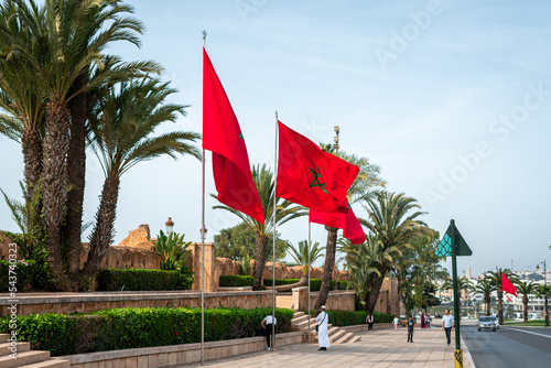 Row of Moroccan flags fluttering in Rabat photo
