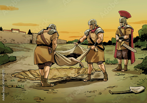 Ancient Roman soldiers burying bodies in mass grave.
