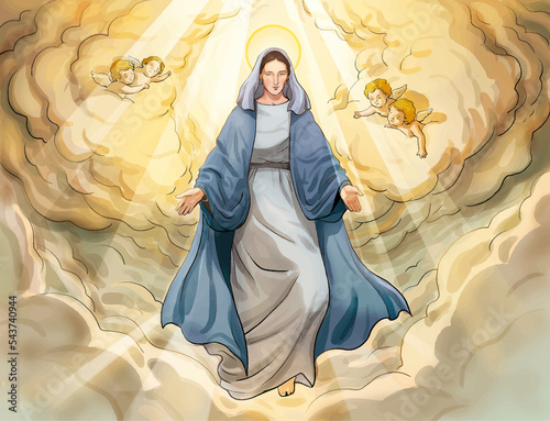 Fényképezés Illustration Virgin Mary ascension to heaven.