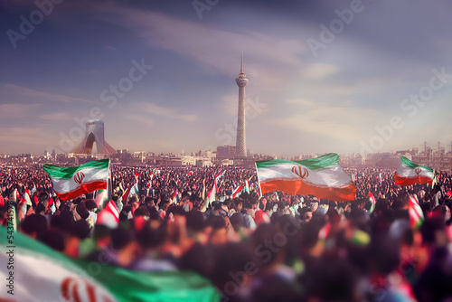 Generic unrecognizable crowds cheering or demonstrating with waving Iranian flags in Tehran of Iran. Digitally generated rendering with manual matte painting