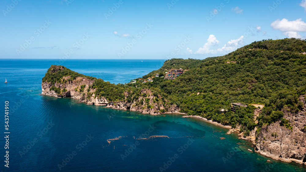 Soufriere, Saint Lucia - 10-16-2022: Landscape across the Soufriere bay of Grand Caille Point.