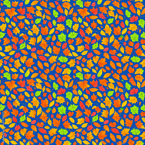 Seamless illustration of drawn colorful autumn leaves on a blue background.