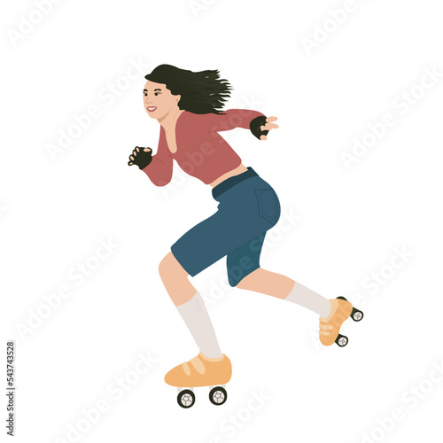 Woman riding roller skate. Female character rollers blading. Sport vector illustration