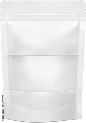 Mockup White Blank Foil Food Doy Pack Stand Up Pouch Bag Packaging With Zipper. Illustration Isolated On White Background. Mock Up, Mockup Template Ready For Your Design. Vector EPS10