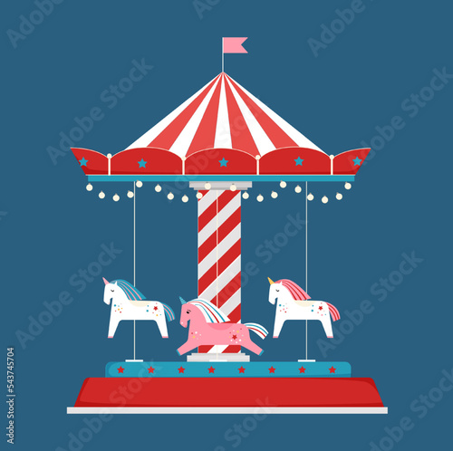 Bright carousel on blue background. Vector illustration with rotating merry-go-round with unicorns.