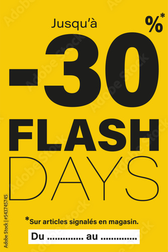 carte ou bandeau pour les flash days jusqu'à 30% de réduction sur articles signalés en magasin en noir le tout sur un fond jaune