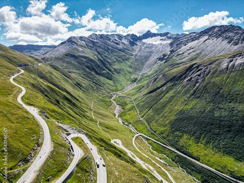 Drone shot of Swiss Mountain Roads, The Furka Pass and Susten Pass next to the Rhone Glacier