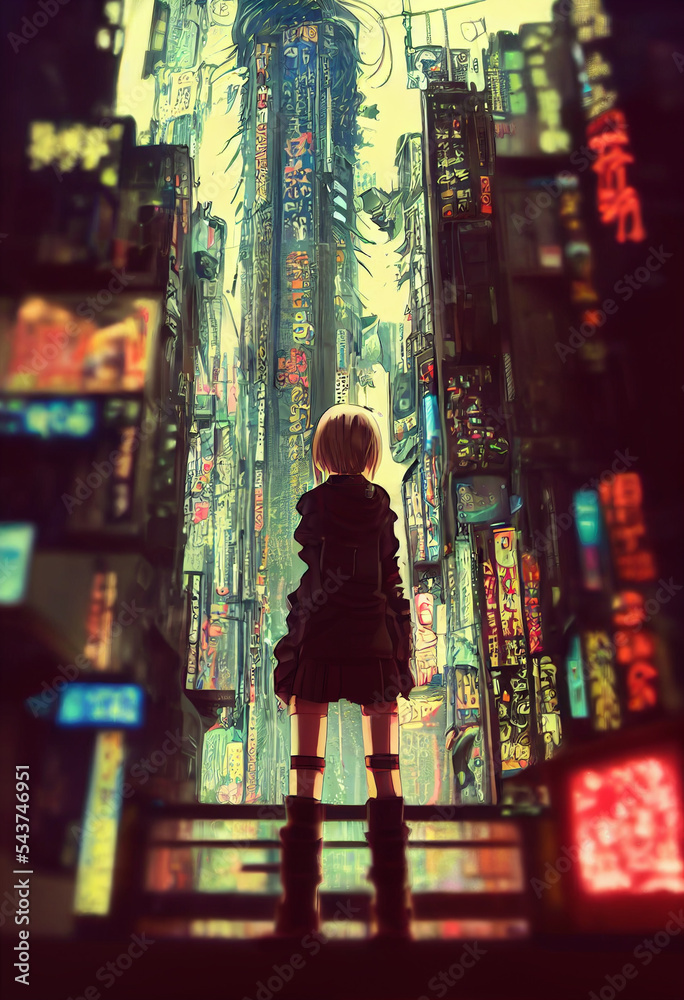 Tokyo City by Night, Anime and Manga drawing illustration, city ​​views, characters looking at the city