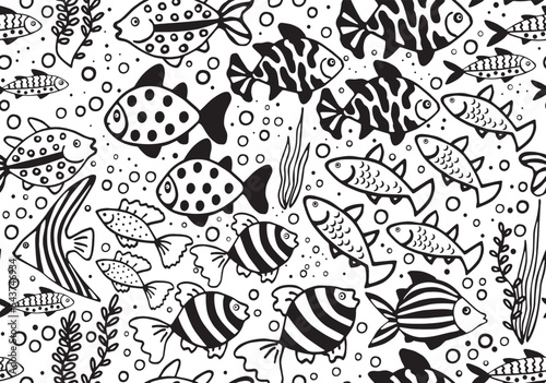 Seamless black and white pattern with painted fish.