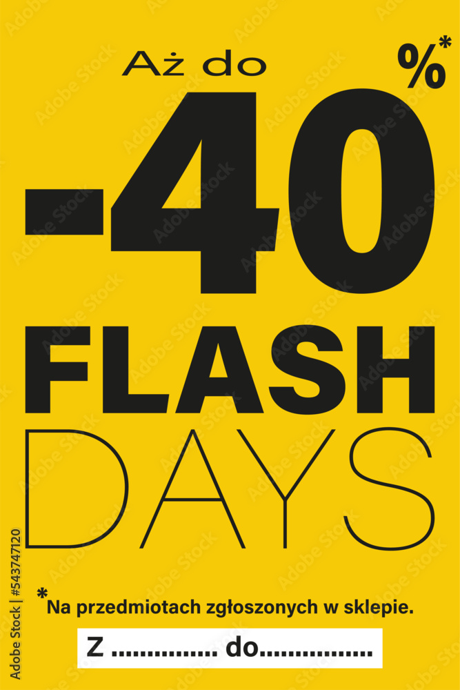 kartka lub baner na dni flash do 40% zniżki na przedmioty oznaczone w sklepie na czarno wszystko na żółtym tle - obrazy, fototapety, plakaty 