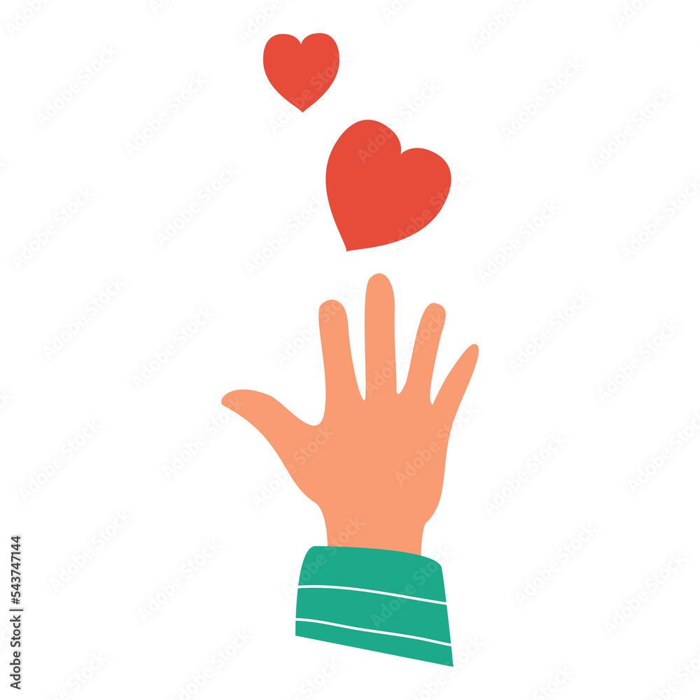 Hands holding a heart.Give love.Hand drawn hands up.Hands doodle style.Outline vector illustration. Isolated on white background.