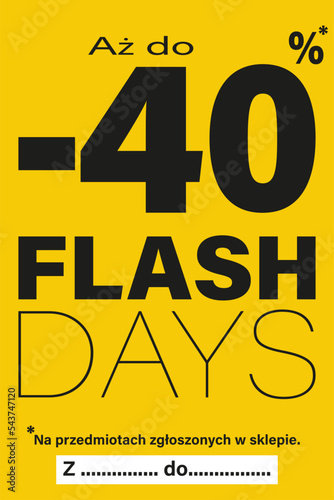 kartka lub baner na dni flash do 40% zniżki na przedmioty oznaczone w sklepie na czarno wszystko na żółtym tle