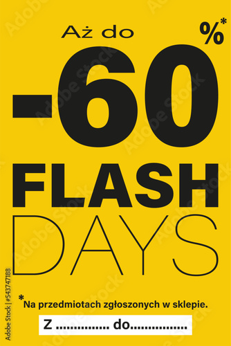 kartka lub baner na dni flash do 60% zniżki na przedmioty oznaczone w sklepie na czarno wszystko na żółtym tle