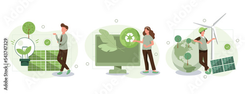 Sustainability illustration set. ESG, green energy, sustainable industry with windmills and solar energy panels. Environmental, Social, and Corporate Governance concept. Vector illustration.