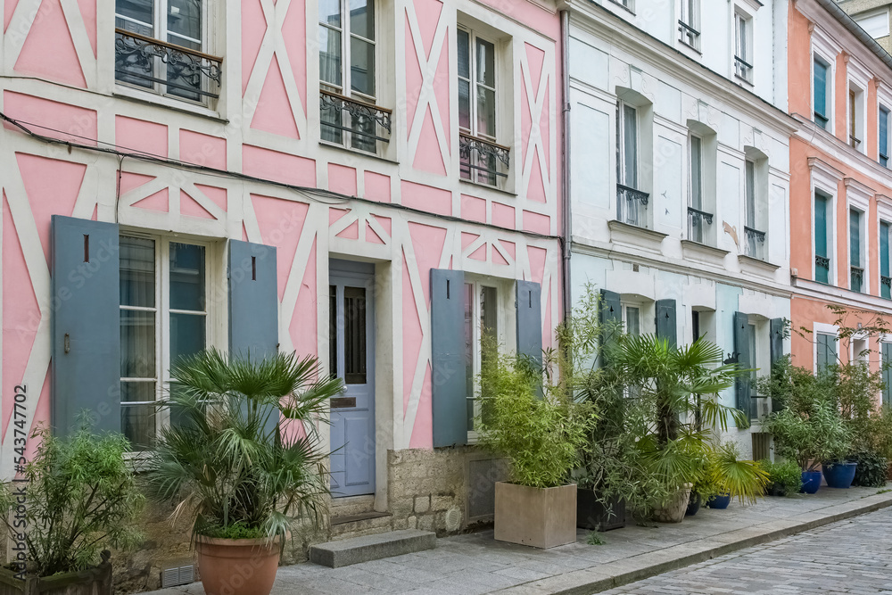 Paris, colorful houses rue Cremieux, typical street in the 12e arrondissement
