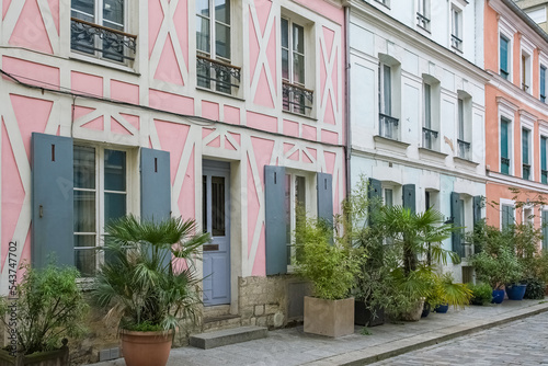 Paris, colorful houses rue Cremieux, typical street in the 12e arrondissement 