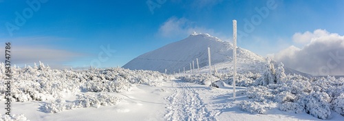 Panorama of snow covered "Sniezka" mountain in winter, Karkonosze mountains