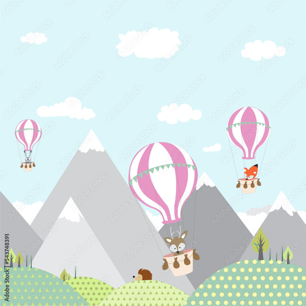 children's vector illustration for the wall in the nursery - the flight of animals in a balloon