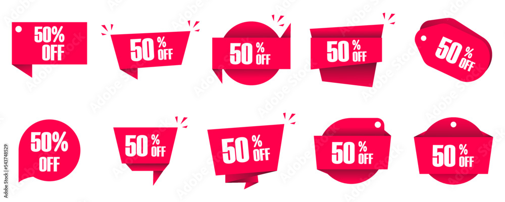 Conjunto de plantillas de etiquetas del 50% de descuento. Black Friday. Etiqueta de promoción, rebaja y oferta del producto. Ilustración vectorial