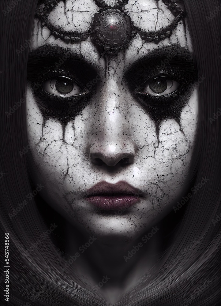Dark angel hell demon character portrait. Black metal makeup woman. 3d render cartoon style.