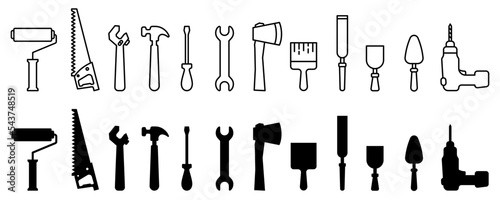 Conjunto de iconos de herramientas de trabajo de construcción. Llave, brocha, martillo, rodillo, hacha, taladro, destornillador, espátula, sierra. Ilustración vectorial
