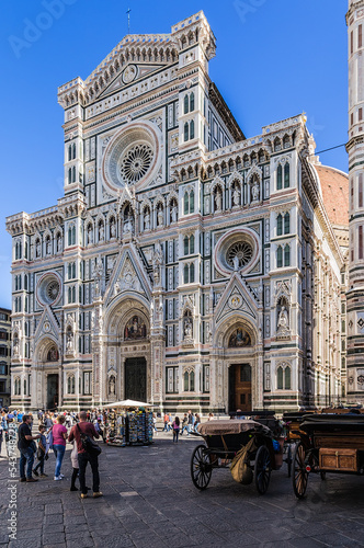 Florence, Italy. Façade of the Cathedral of Santa Maria del Fiore (1436) and Giotto's bell tower, 1359