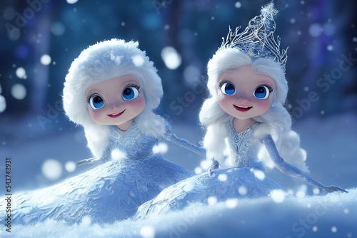Two cute snow princesses, girls in the snow, crown on head, frozen winter landscape, cartoon style digital illustration © Henry Letham