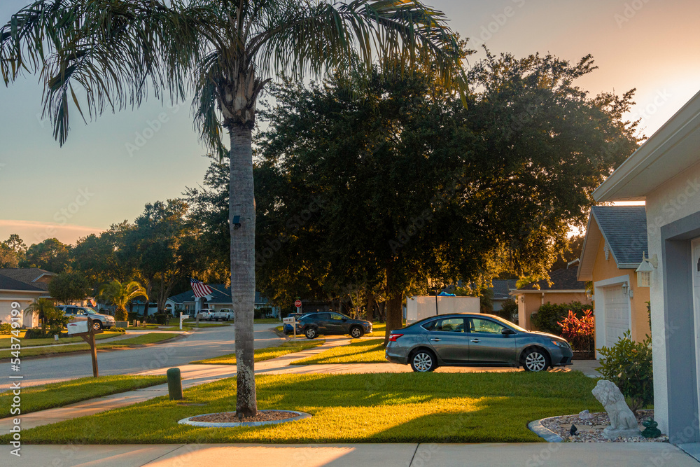 Sunset in Florida driveway, neighborhood