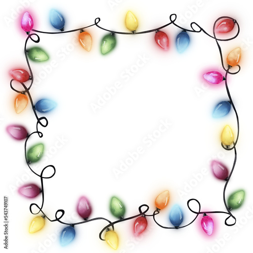 Christmas lights frame. Watercolor painted illustration. Multicolor holiday garland isolated on transparent background