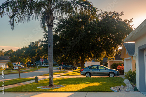 Sunset in Florida driveway, neighborhood