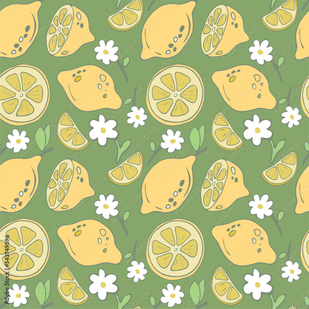 Hand-painted lemon fruit seamless pattern with flowers on green background