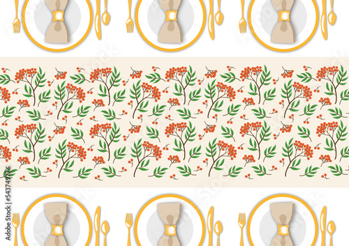 Festive holiday dinner table with rowanberry pattern tablecloth, table serving flat lay, tableware, happy thanksgiving day banner, background mockup vector illustration, png, poster, for web, season 